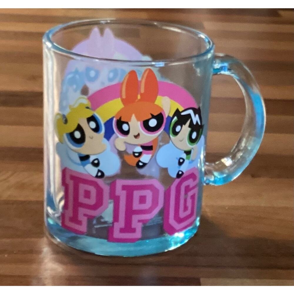 Power Puff Girls Clear Blue Glass Mug PPG Coffee Cartoon Holds 17.5 Ounces